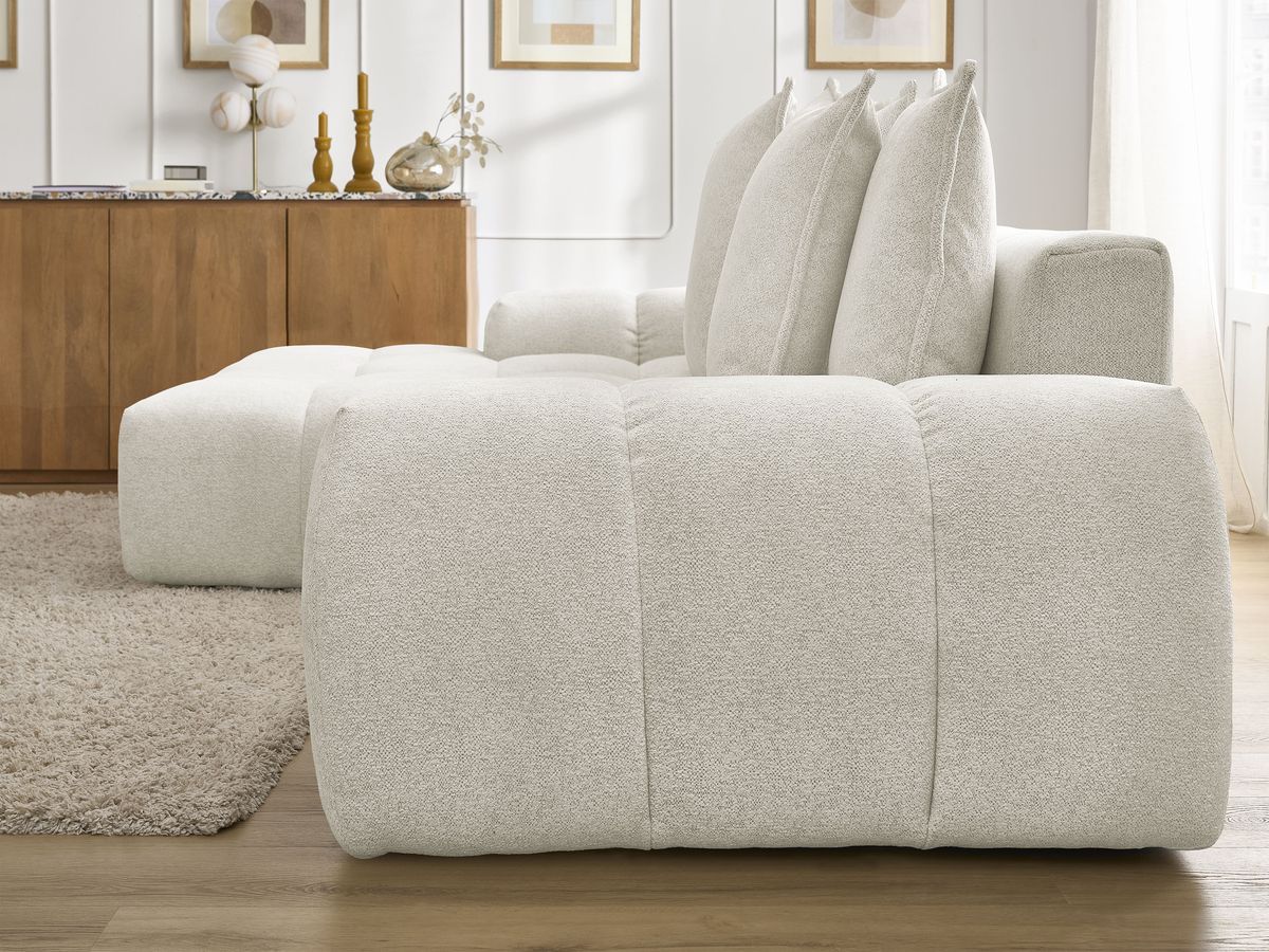 Bobochic Everest Ecksofa mit Schlaffunktion und Bettkasten 318 × 180 cm, 7 Kissen Melange-Stoff Weiß Ecke links
