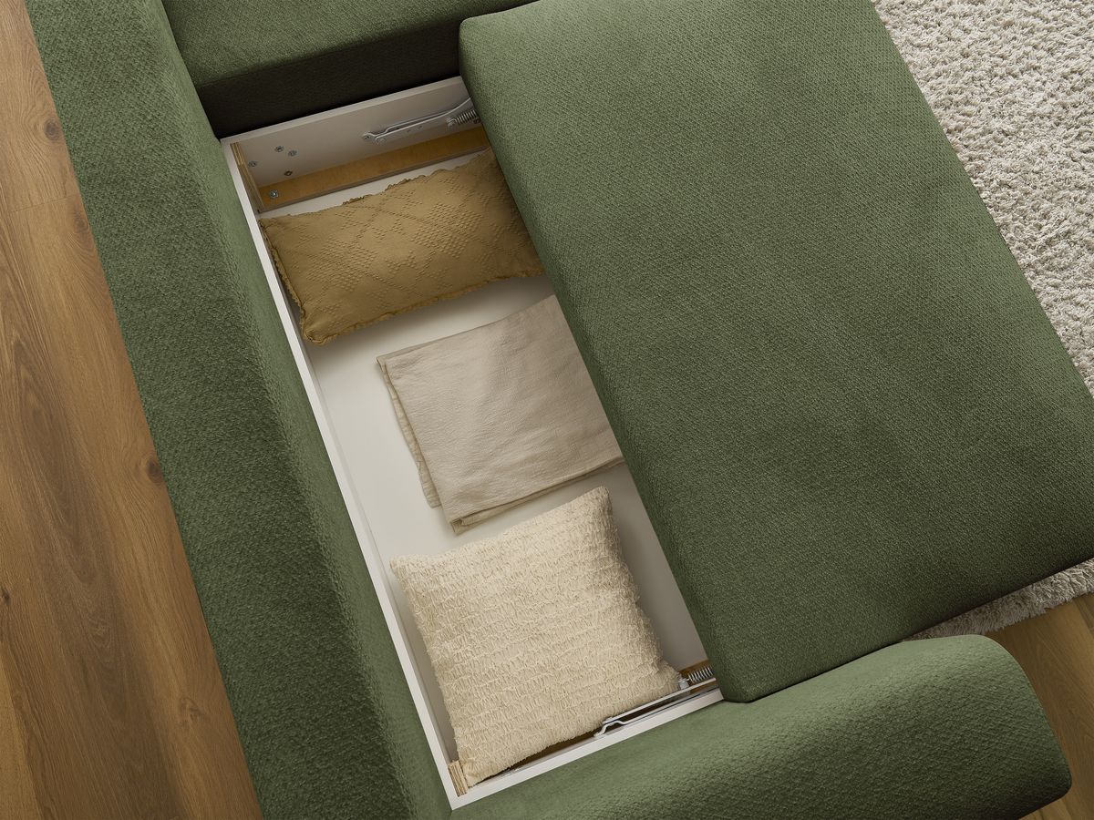 Bobochic Sidonie Ecksofa mit Schlaffunktion und Bettkasten Melange-Stoff Grün