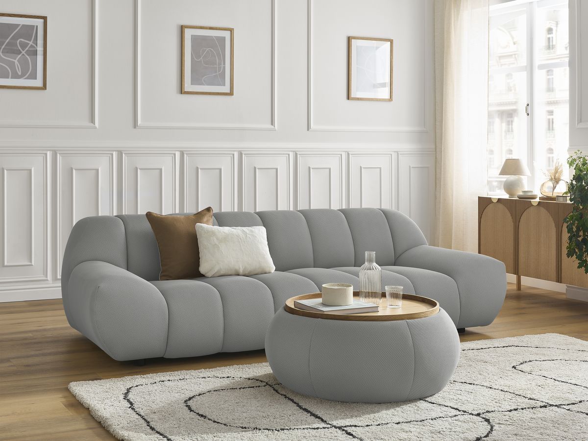 Bobochic Hayden Sofa 3-Sitzer mit Pouf 256 × 107 cm Mesh-Stoff Hellgrau