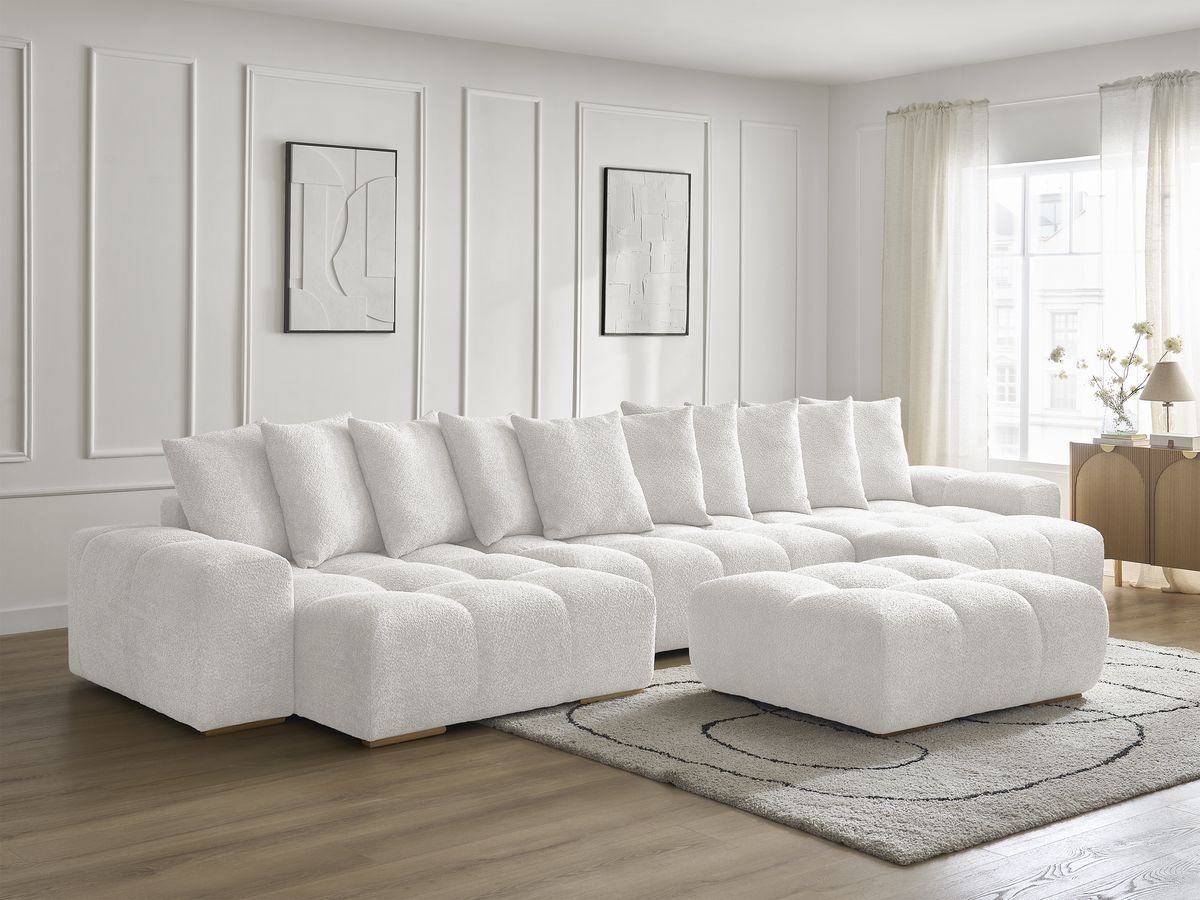 Bobochic Anakin Wohnlandschaft mit Pouf, 10 Kissen Bouclé-Stoff Weiß