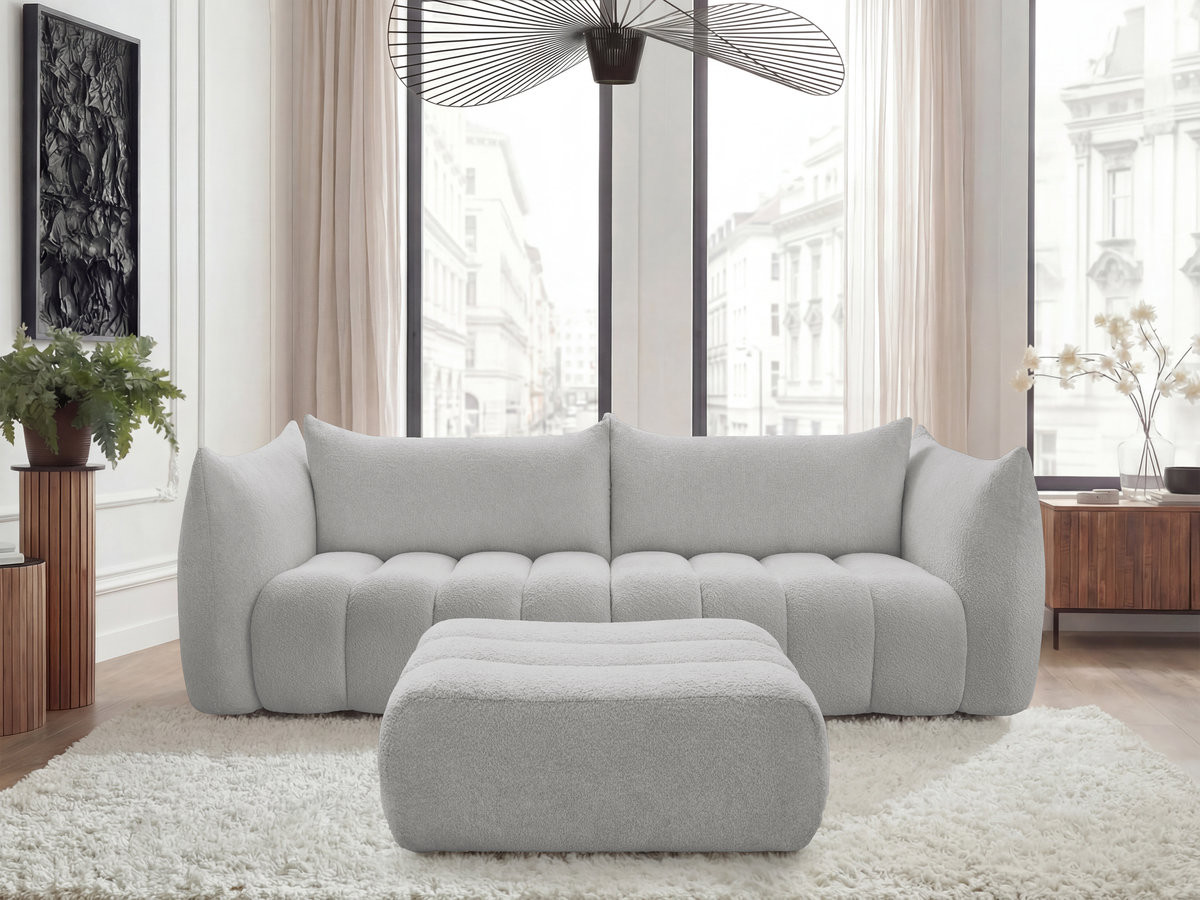 Bobochic Azra Sofa 4-Sitzer mit Pouf Bouclé-Stoff Hellgrau