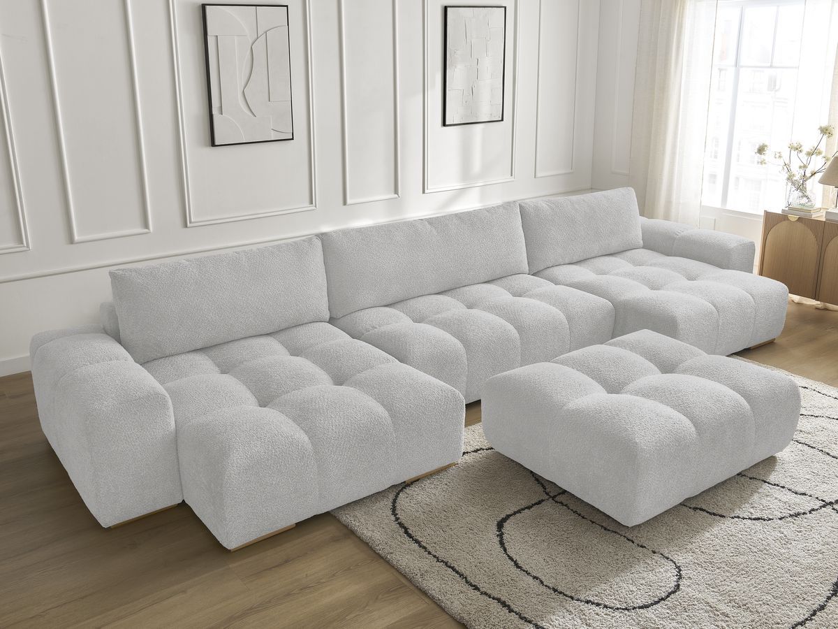 Bobochic Anakin Wohnlandschaft mit Pouf, 3 Kissen Bouclé-Stoff Hellgrau