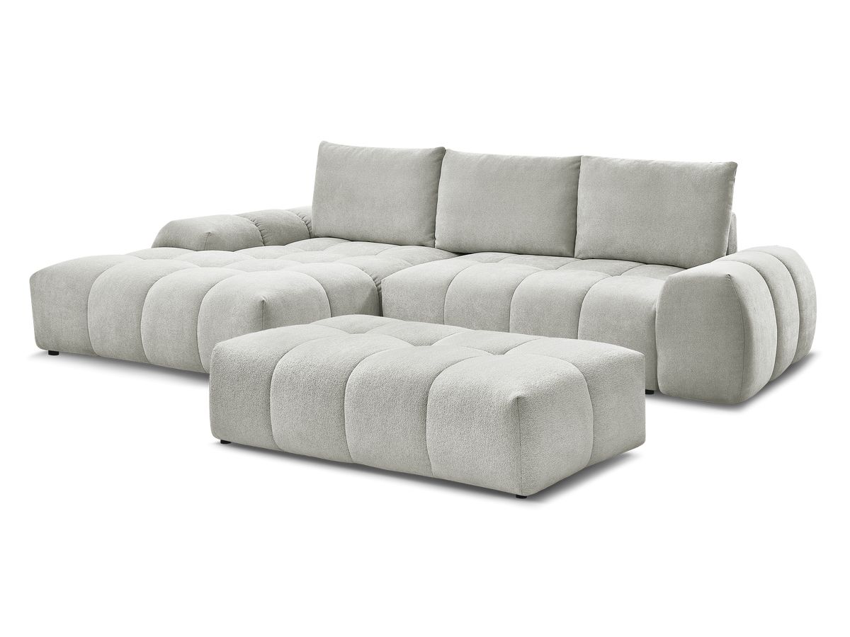 Bobochic Everest Ecksofa mit Schlaffunktion und Bettkasten und Pouf 318 × 180 cm, 3 Kissen Strukturstoff Hellgrau Ecke links