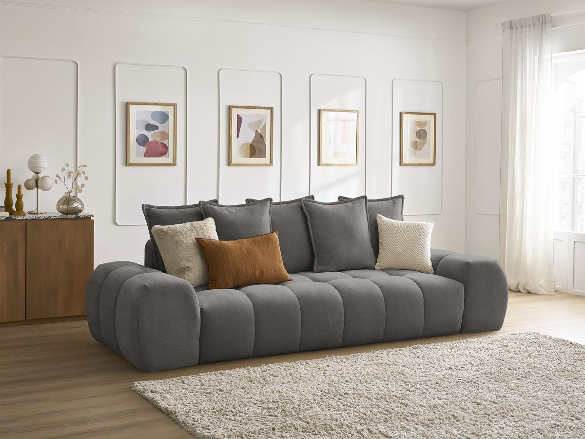 Bobochic Everest Sofa 3-Sitzer, 5 Kissen Strukturstoff Dunkelgrau