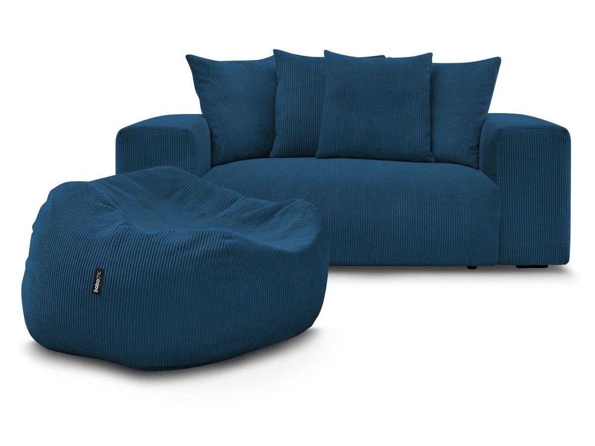 Bobochic Voltaire Sofa 2-Sitzer mit Pouf Cordsamt Dunkelblau