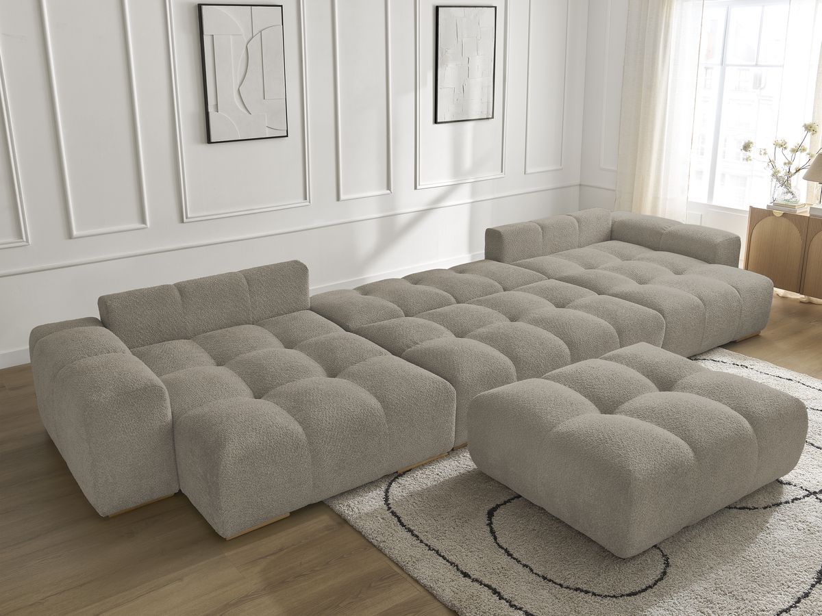Bobochic Anakin Wohnlandschaft mit Pouf, Liegefläche 137 × 382 cm, 3 Kissen Bouclé-Stoff Taupe