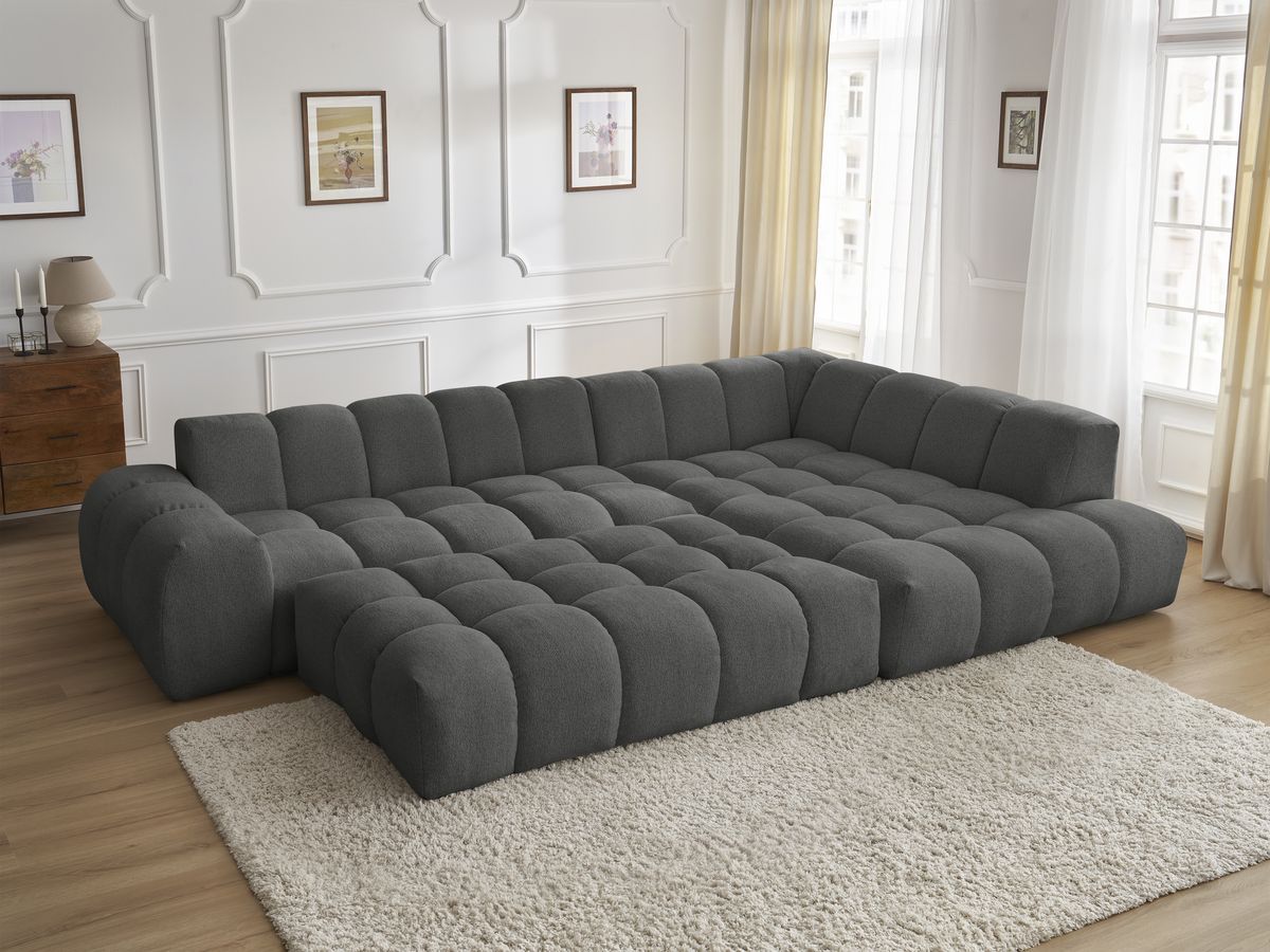 Bobochic Everest Ecksofa mit Schlaffunktion und Pouf, 10 Kissen Melange-Stoff Dunkelgrau Ecke rechts