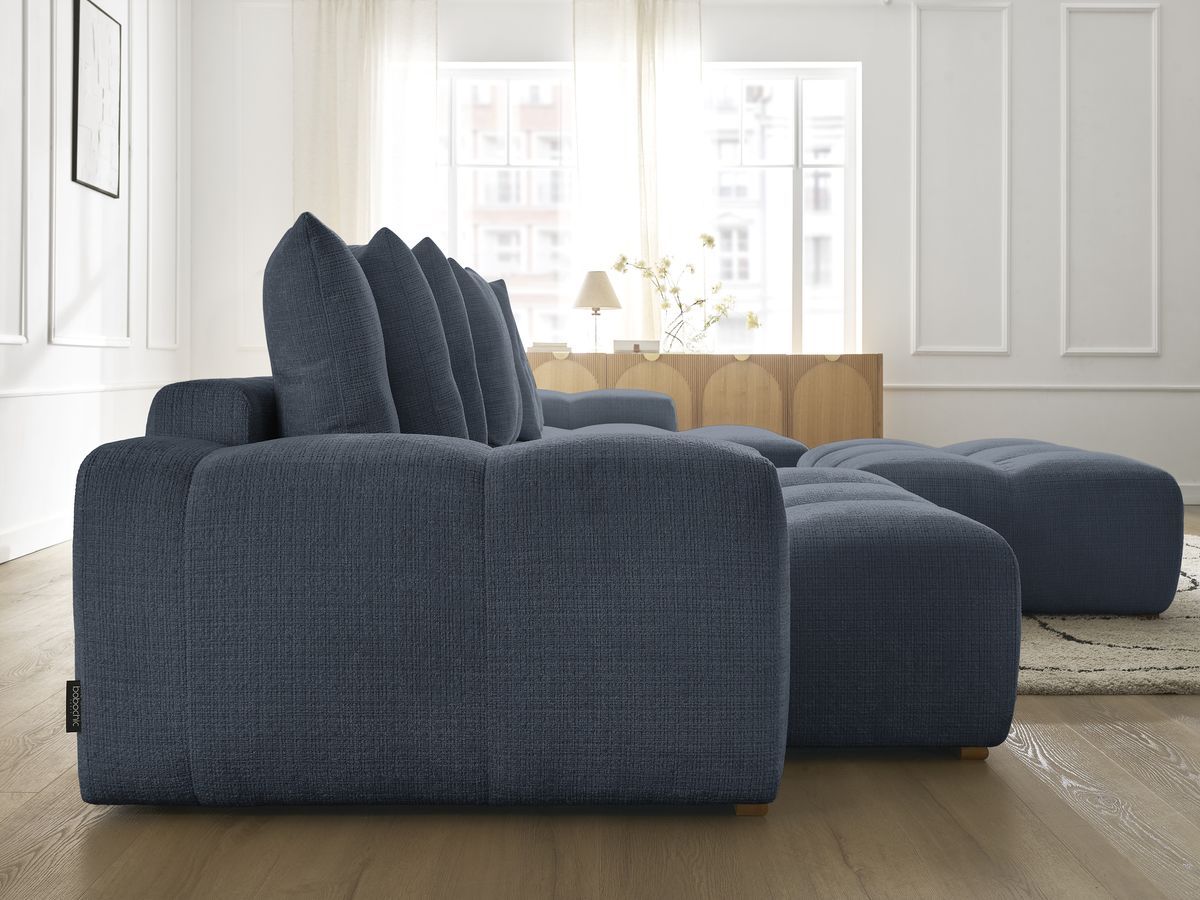 Bobochic Anakin Wohnlandschaft mit Pouf, Liegefläche 137 × 382 cm, 10 Kissen Strukturstoff Dunkelblau