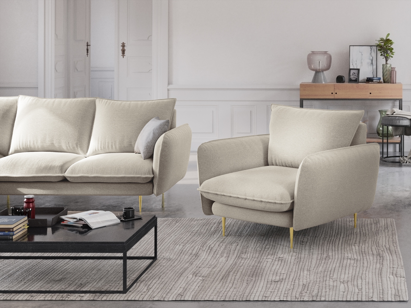 Cosmopolitan Design Sessel Vienna Strukturierter Stoff Positano Helles Beige Beine Gold