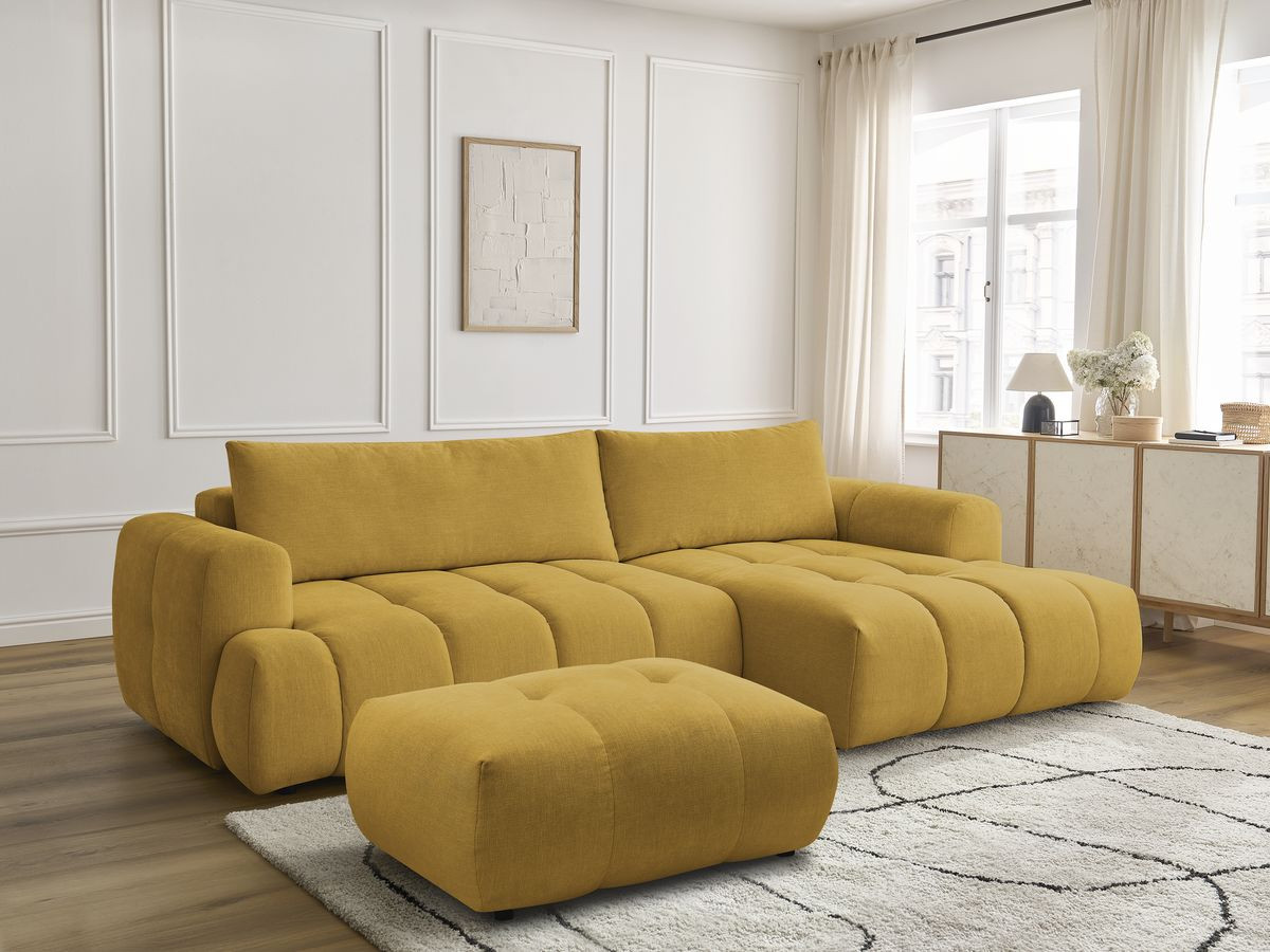 Bobochic Fuji Ecksofa mit Schlaffunktion und Bettkasten und Pouf 292 × 160 cm Stoff Gelb Ecke rechts