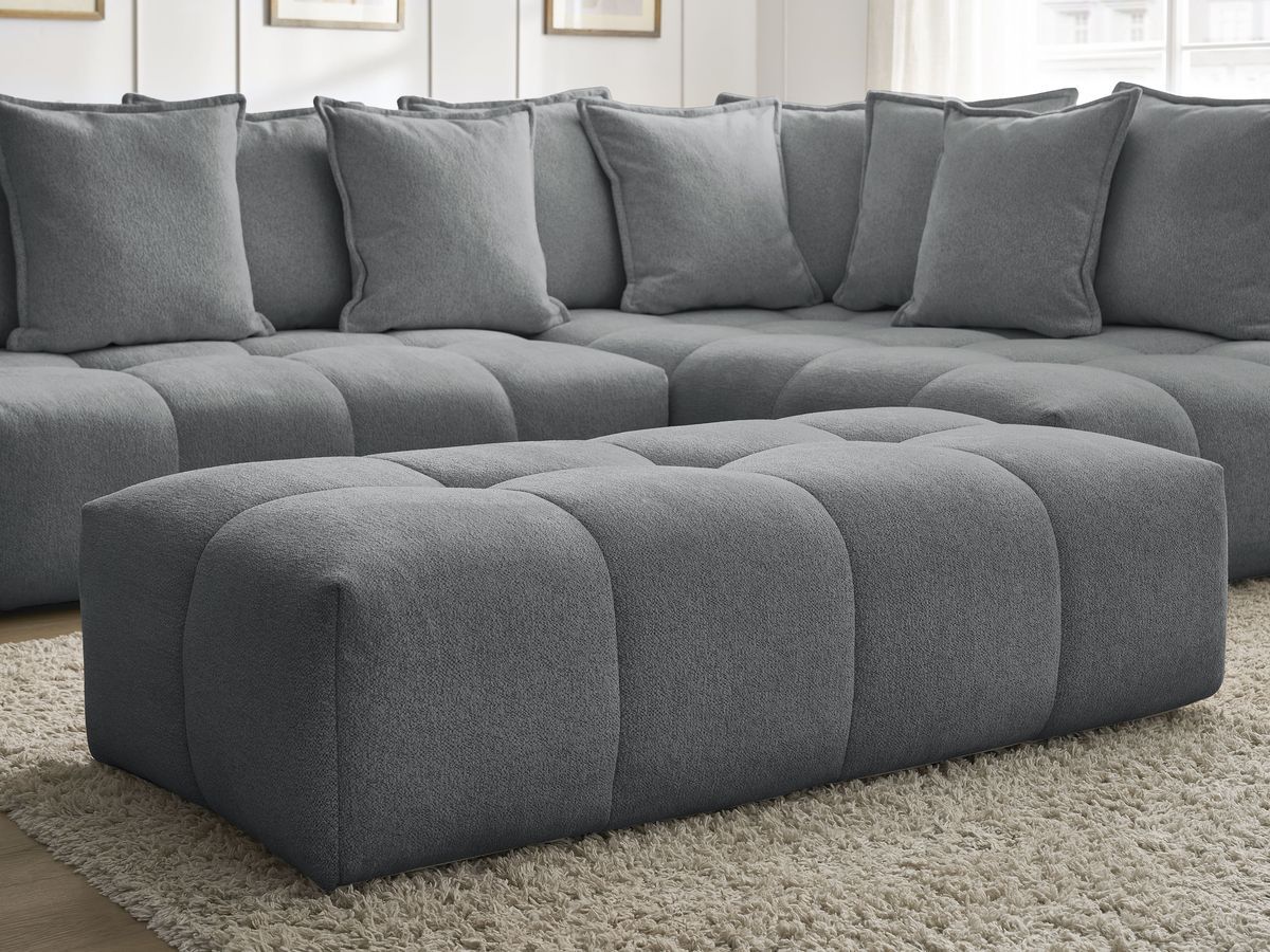 Bobochic Everest Ecksofa mit Schlaffunktion und Bettkasten und Pouf 320 × 212 cm, 10 Kissen Melange-Stoff Dunkelgrau Ecke rechts