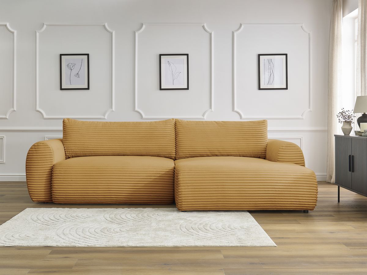 Bobochic Lucien Ecksofa mit Schlaffunktion und Bettkasten 314 × 167 cm Breitcord weich Gelb Ecke rechts