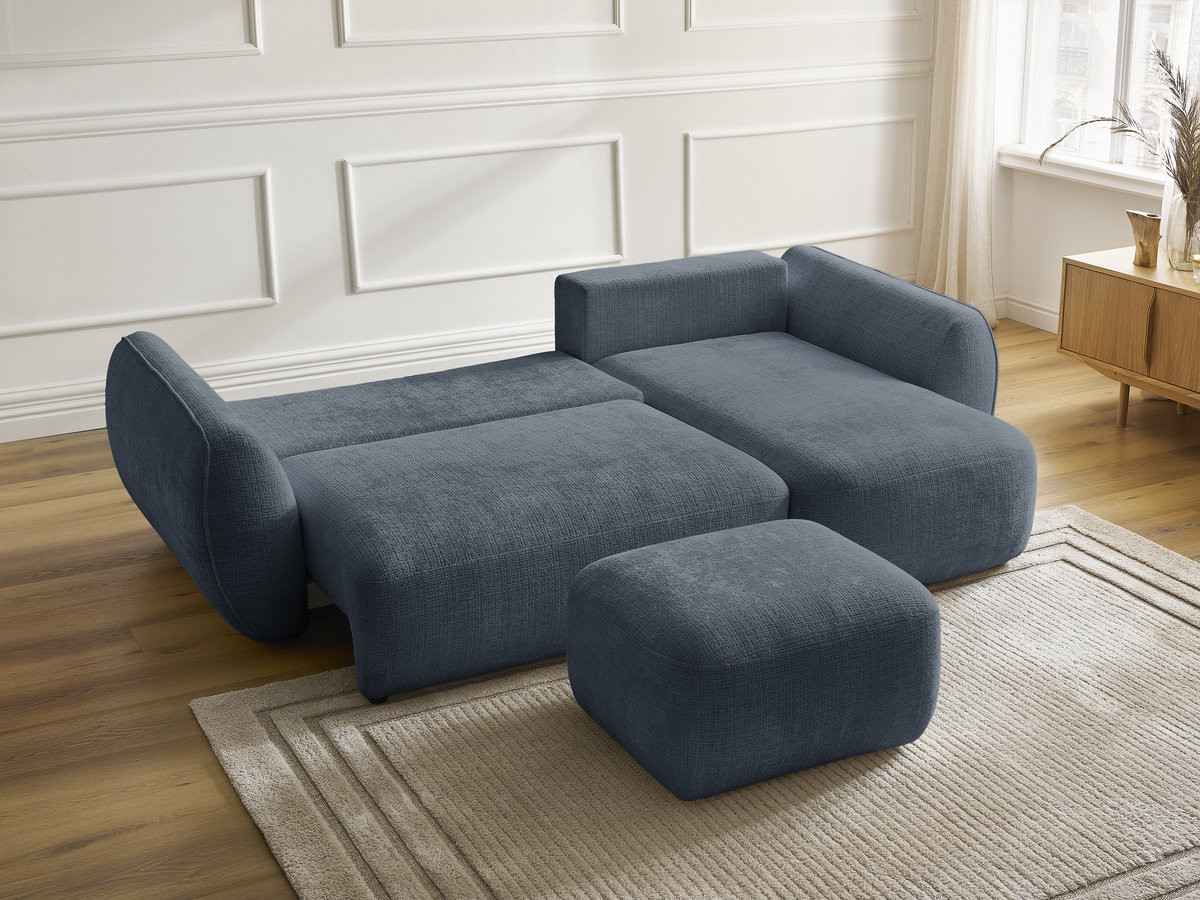 Bobochic Denise Ecksofa mit Schlaffunktion und Bettkasten und Pouf 258 × 160 cm Strukturstoff Dunkelblau Ecke rechts
