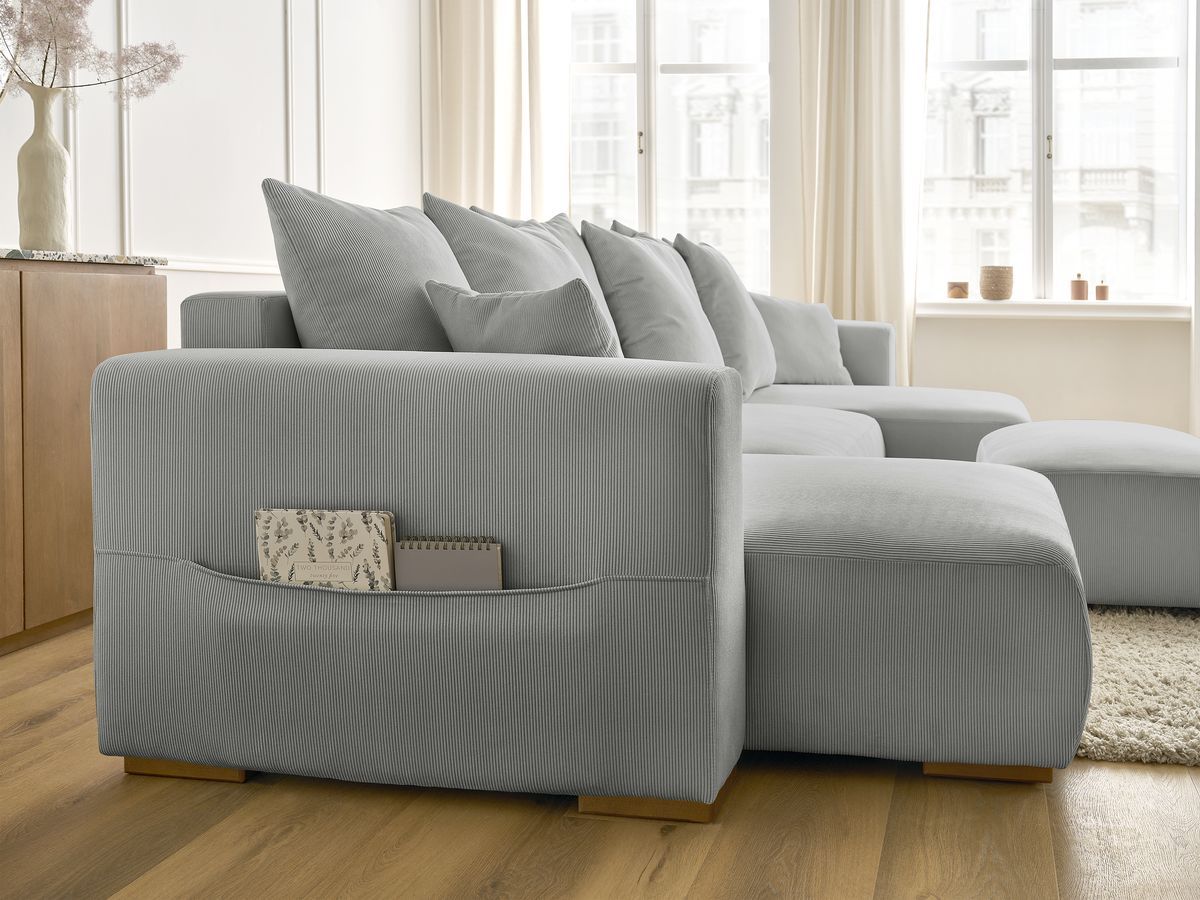 Bobochic Sidonie Wohnlandschaft mit Pouf Cordsamt Hellgrau