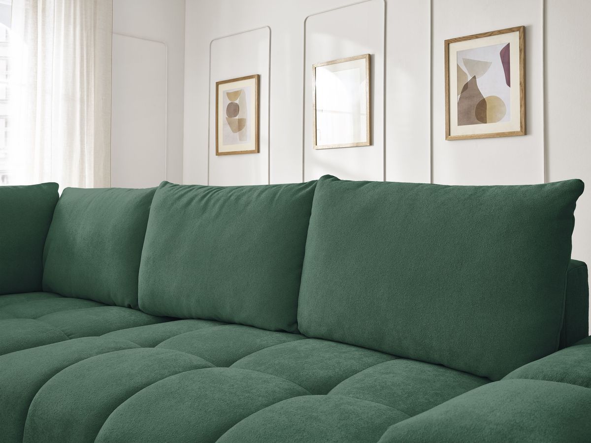 Bobochic Everest Ecksofa mit Schlaffunktion und Bettkasten 320 × 212 cm, 5 Kissen Strukturstoff Grün Ecke links