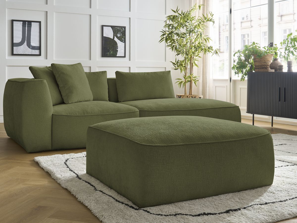 Bobochic Leopold Sofa 4-Sitzer mit Pouf Strukturstoff Dunkelgrün Armlehne links