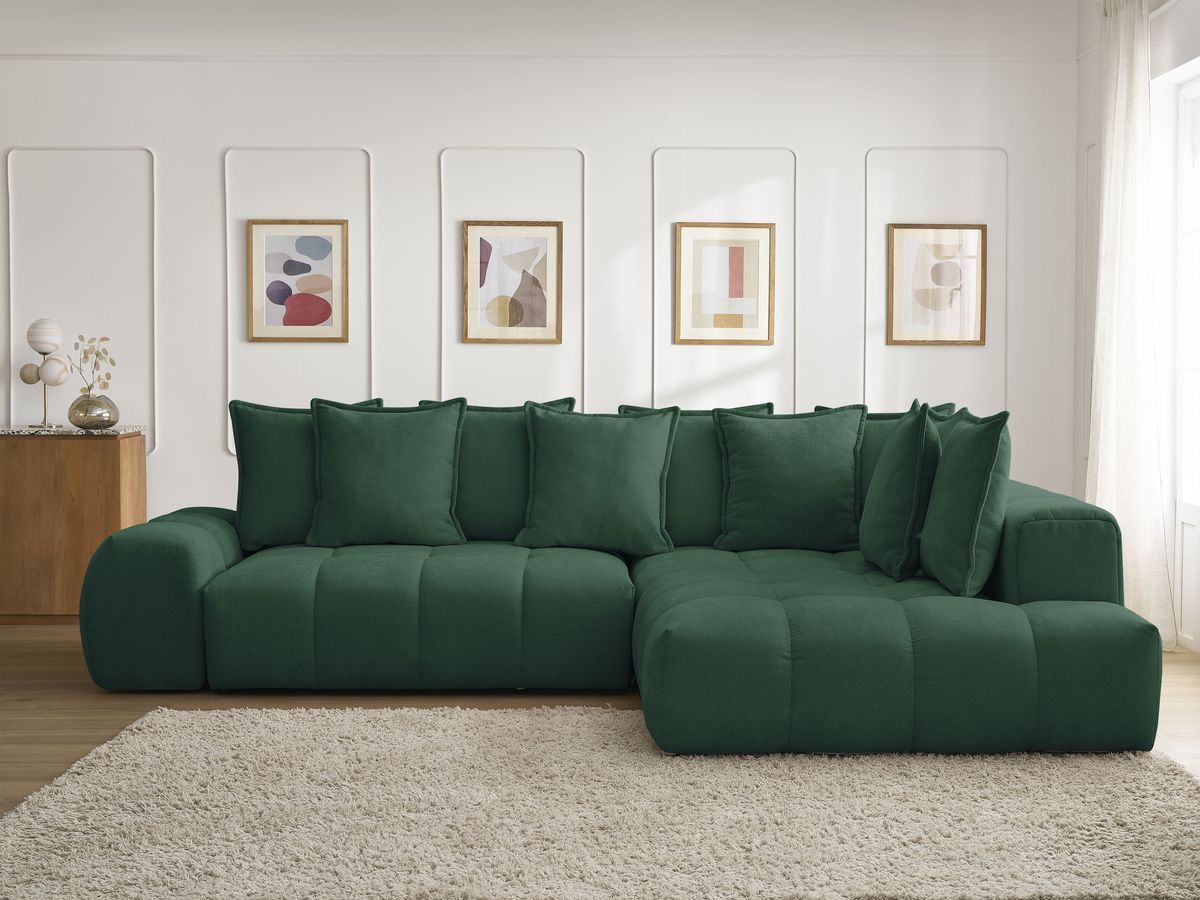 Bobochic Everest Ecksofa mit Schlaffunktion und Bettkasten 320 × 212 cm, 10 Kissen Strukturstoff Grün Ecke rechts