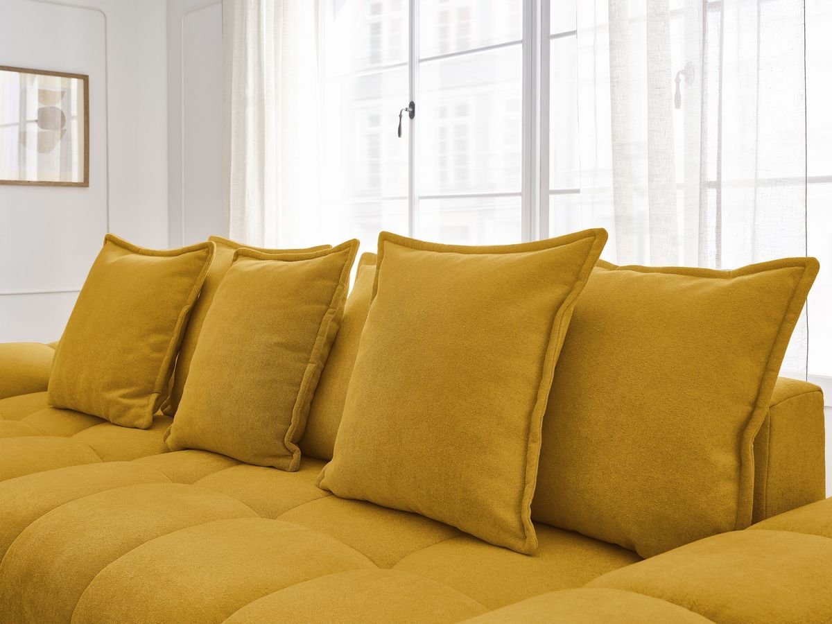 Bobochic Everest Ecksofa mit Schlaffunktion und Bettkasten und Pouf 318 × 180 cm, 7 Kissen Strukturstoff Gelb Ecke links