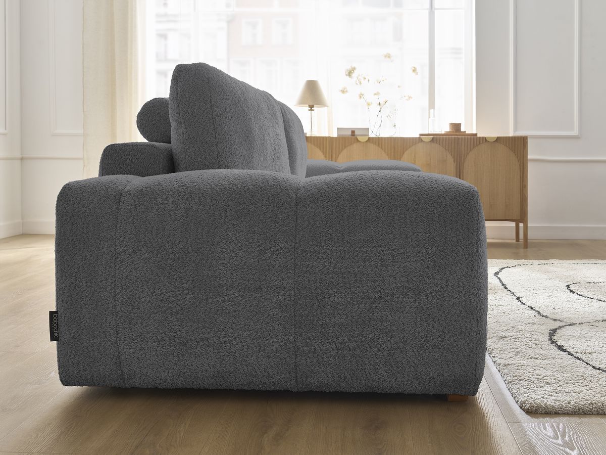 Bobochic Anakin Schlafsofa 3-Sitzer mit Bettkasten, 2 Kissen Bouclé-Stoff Dunkelgrau
