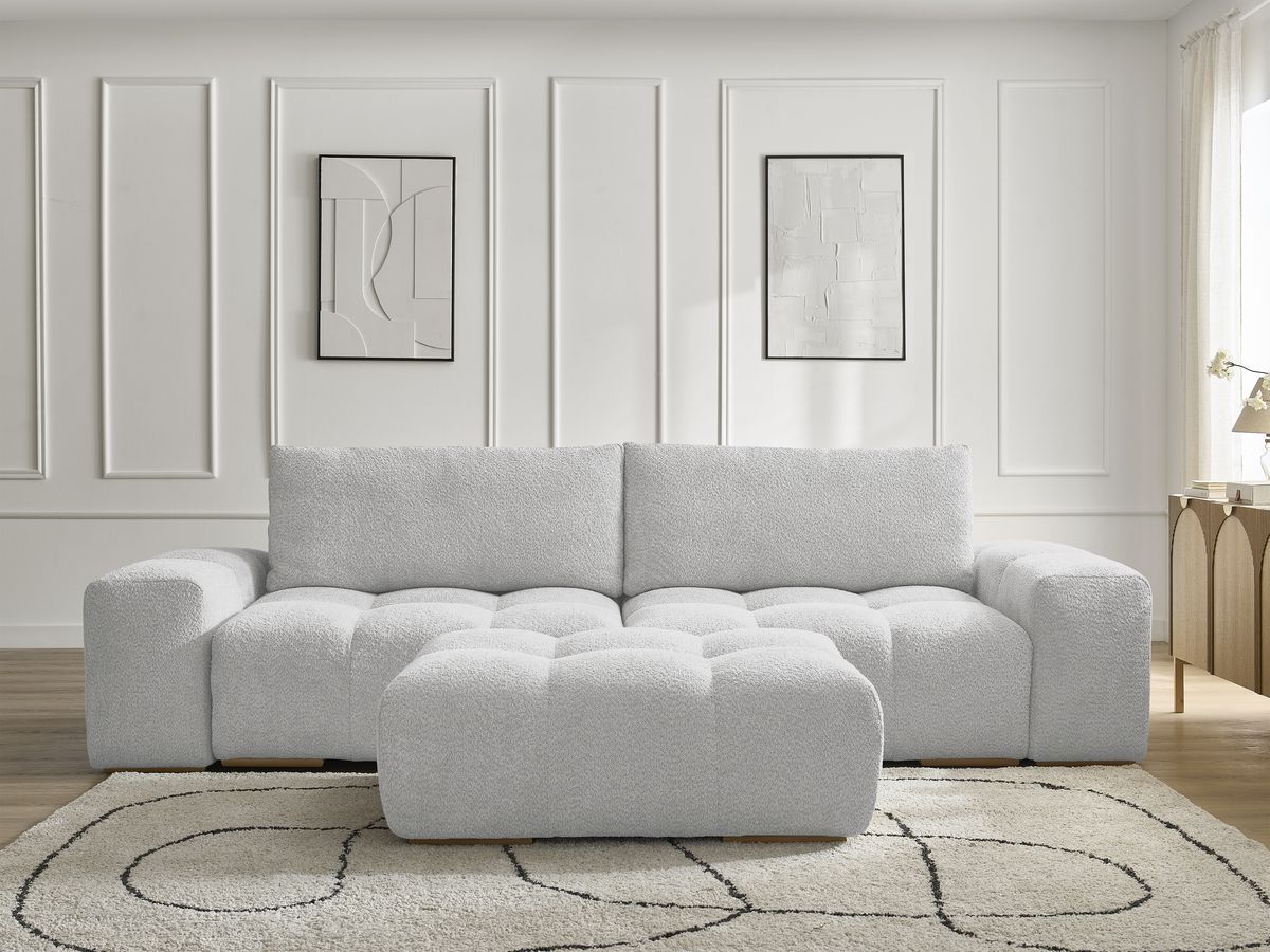 Bobochic Anakin Schlafsofa 3-Sitzer mit Bettkasten und Pouf, 2 Kissen Bouclé-Stoff Hellgrau