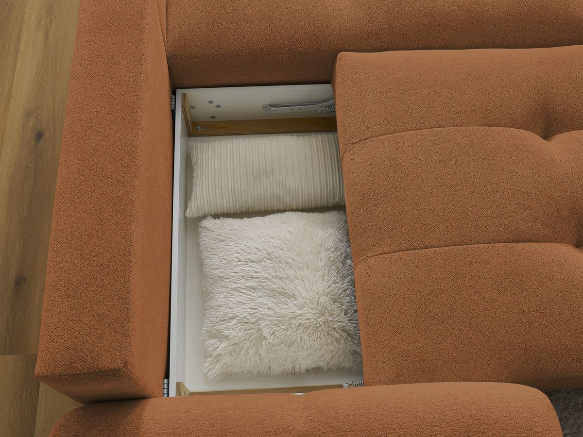 Bobochic Roxelane Ecksofa mit Schlaffunktion und Bettkasten und Pouf 258 × 150 cm Melange-Stoff Orange Ecke rechts