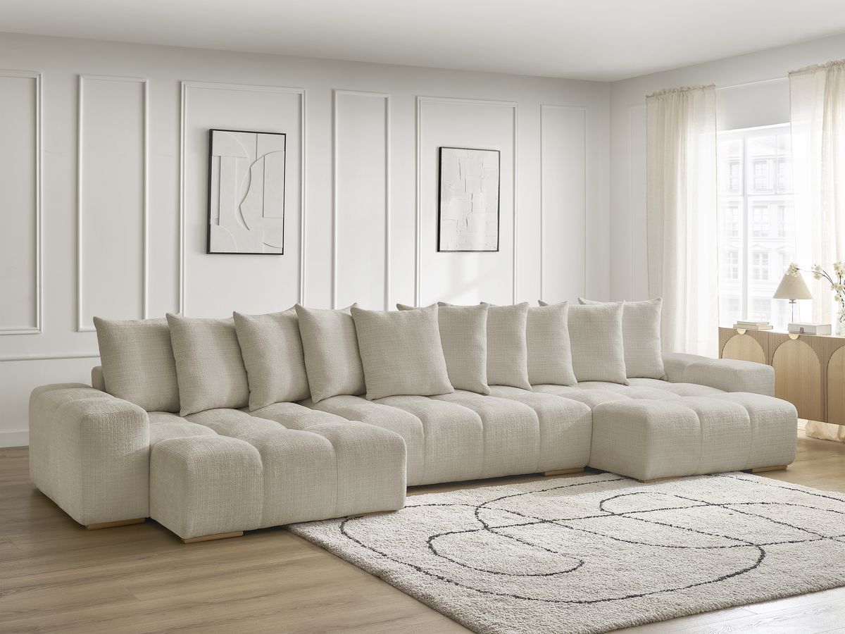 Bobochic Anakin Wohnlandschaft, Liegefläche 137 × 382 cm, 10 Kissen Strukturstoff Beige