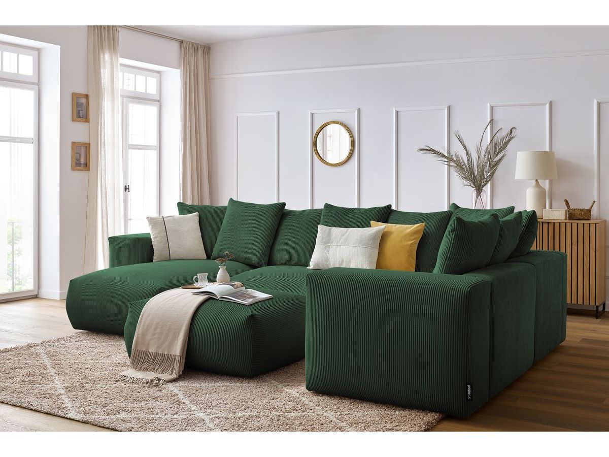Bobochic Voltaire Wohnlandschaft mit Pouf 356 × 214 cm Cordsamt Grün Ecke links