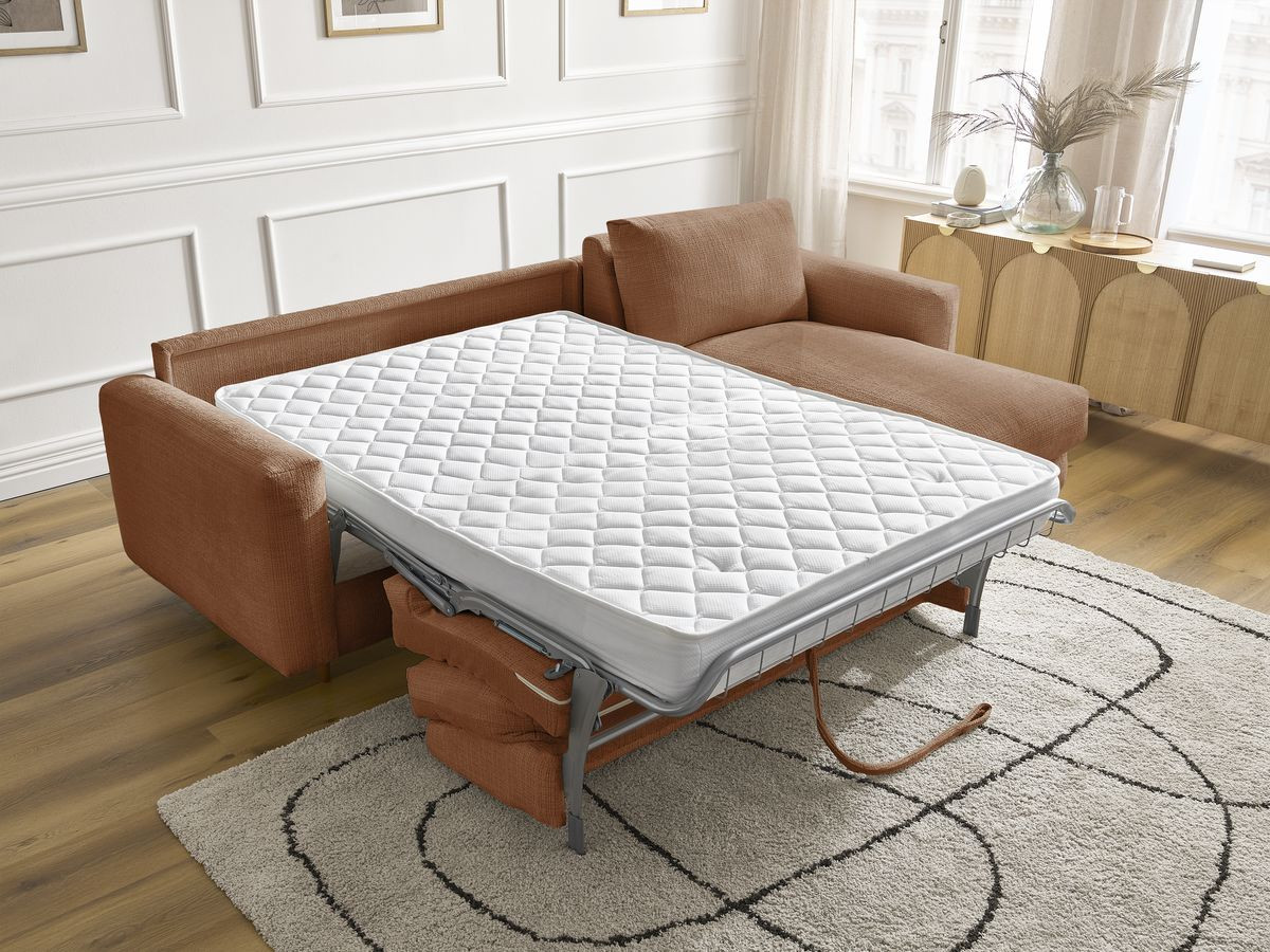Bobochic Cocoone Ecksofa mit Schlaffunktion und Bettkasten Strukturstoff Orange, Liegefläche 140 × 200 cm