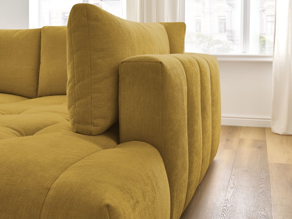 Bobochic Fuji Ecksofa mit Schlaffunktion und Bettkasten und Pouf 282 × 204 cm Stoff Gelb Ecke rechts