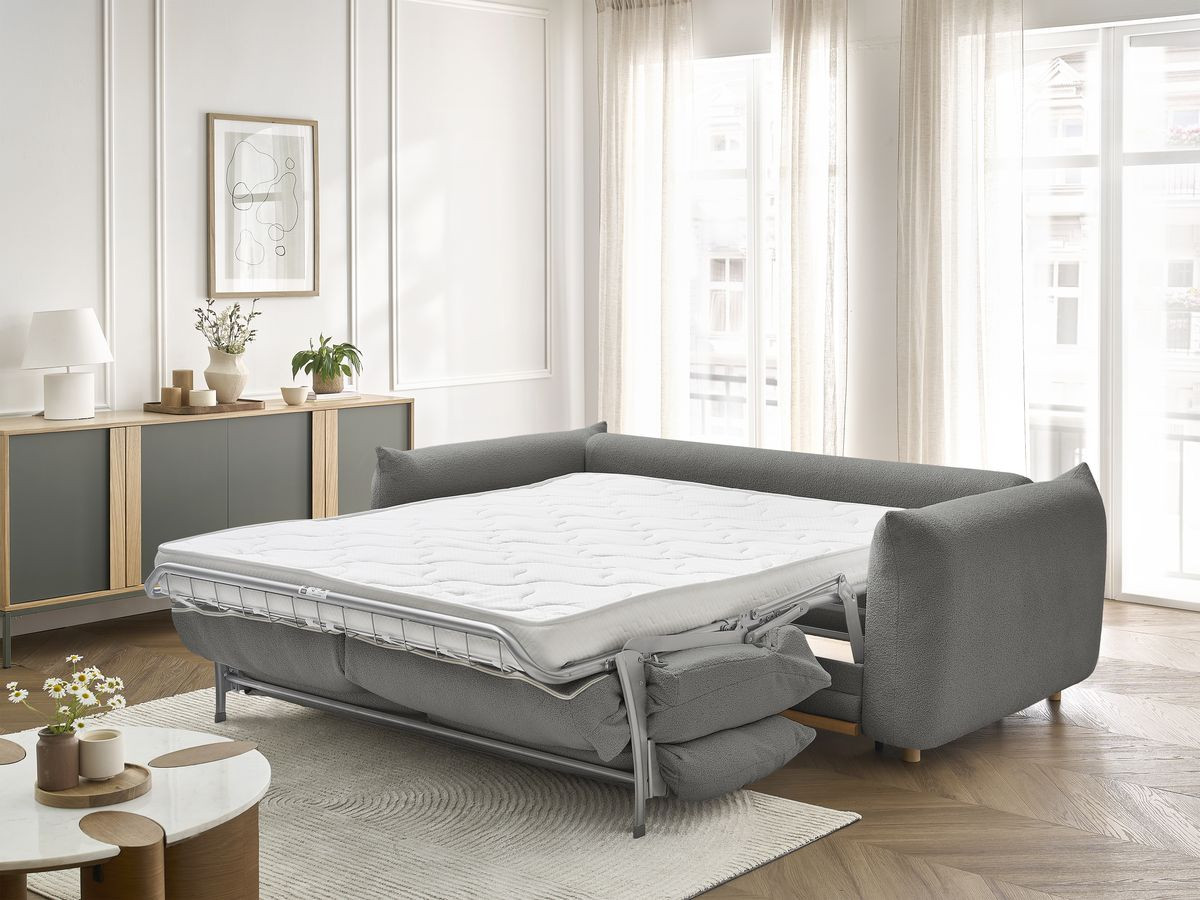 Bobochic Ernest Schlafsofa 3-Sitzer, Liegefläche 190 × 140 / 160 cm Bouclé-Stoff Dunkelgrau, Liegefläche 140 × 190 cm