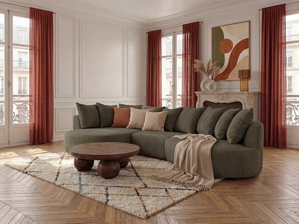 Bobochic Calypso Ecksofa Bouclé-Stoff Grün Ecke links