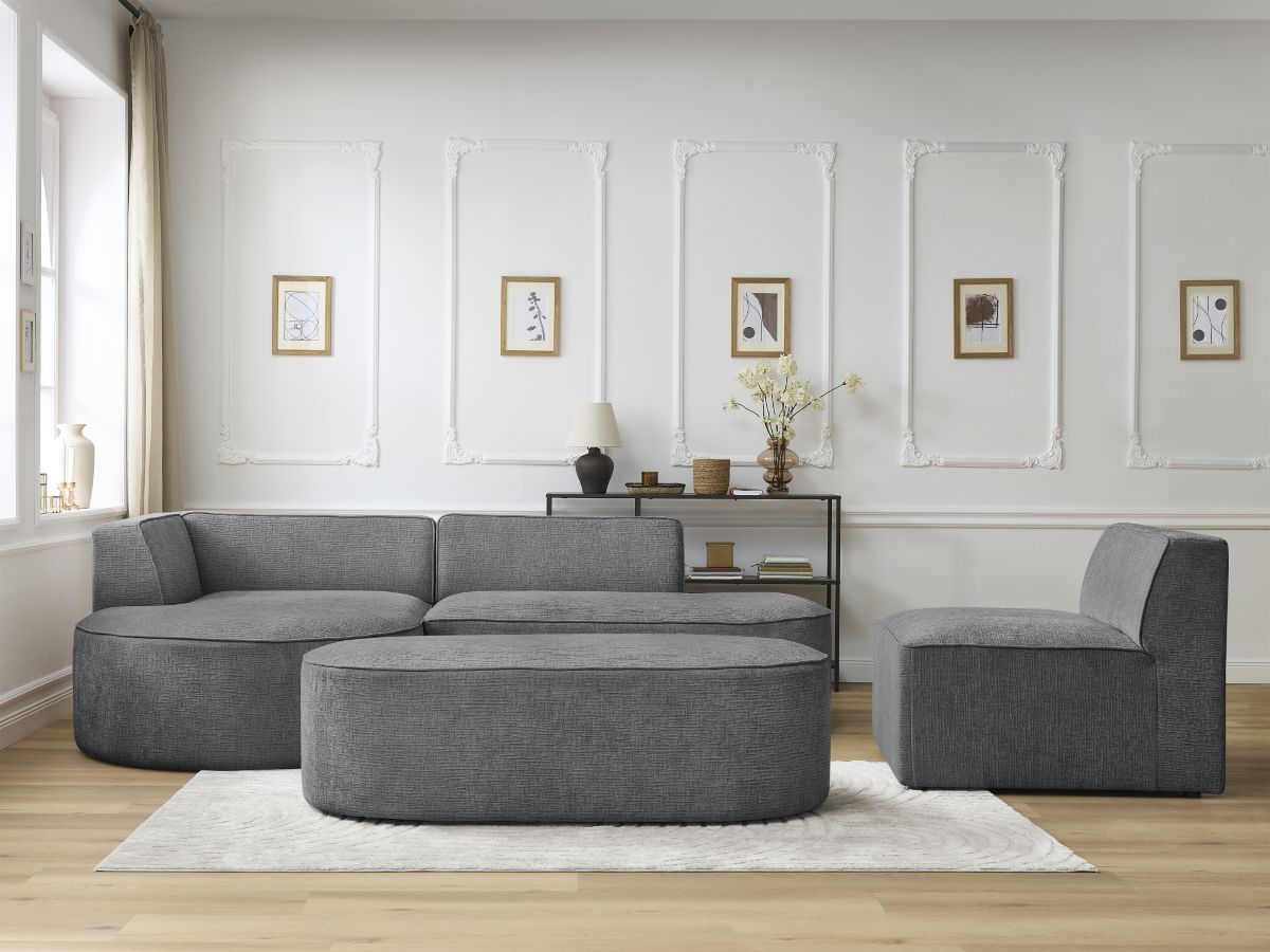 Bobochic Rousseau Ecksofa mit Sofamodul und Pouf Strukturstoff Dunkelgrau Ecke links