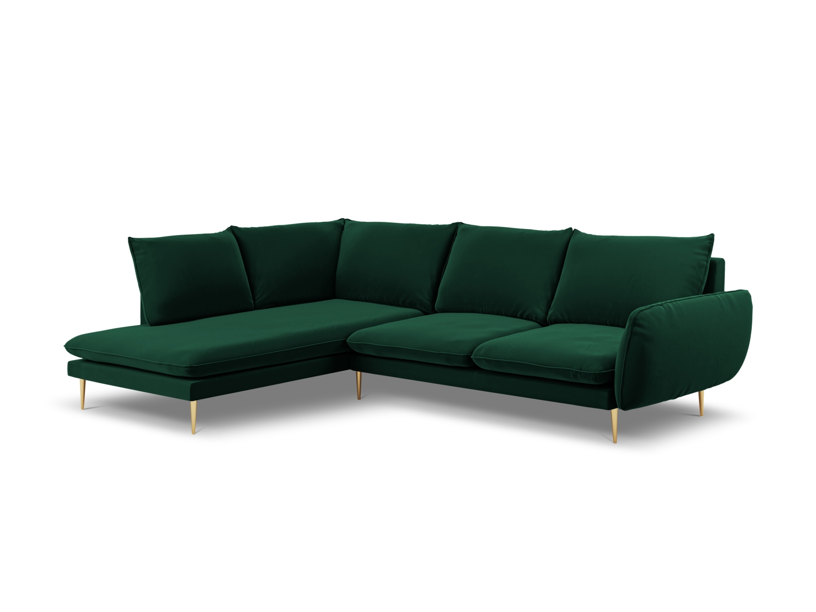 Cosmopolitan Design Ecksofa Vienna 6-Sitzer Samt Bluvel Flaschengrün Links Beine Gold