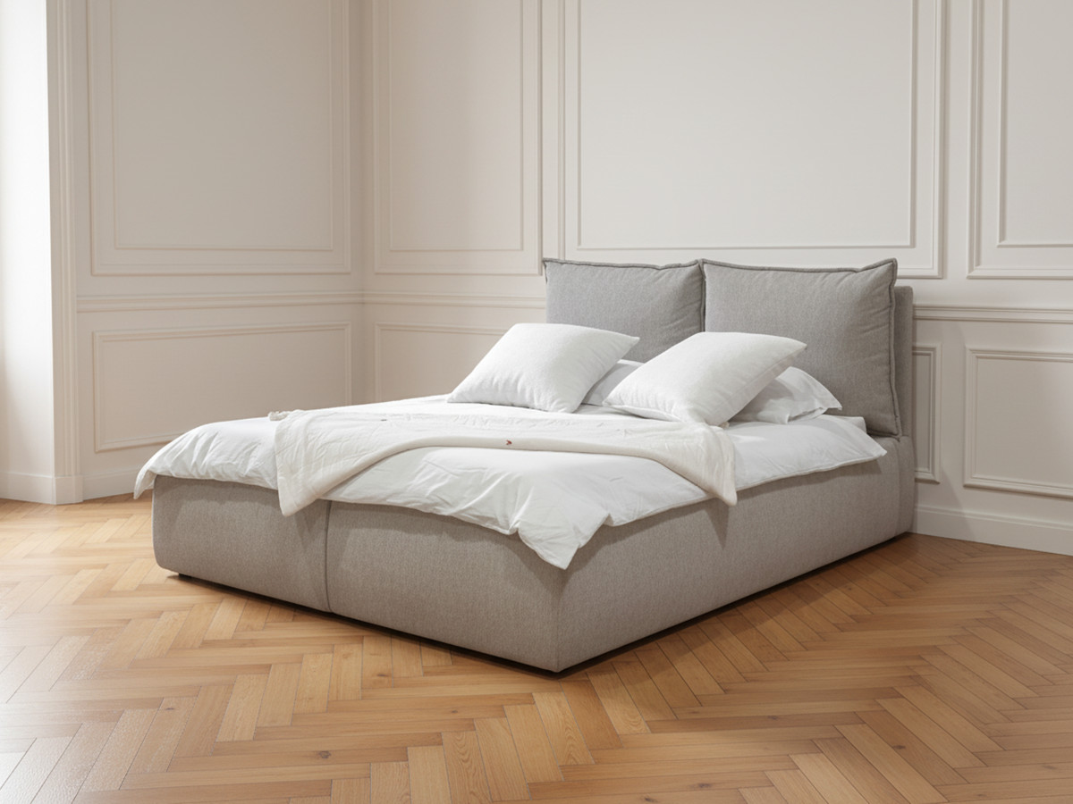 Bobochic Garance Polsterbett mit Bettkasten Stoff Beige, Liegefläche 140 × 190 cm
