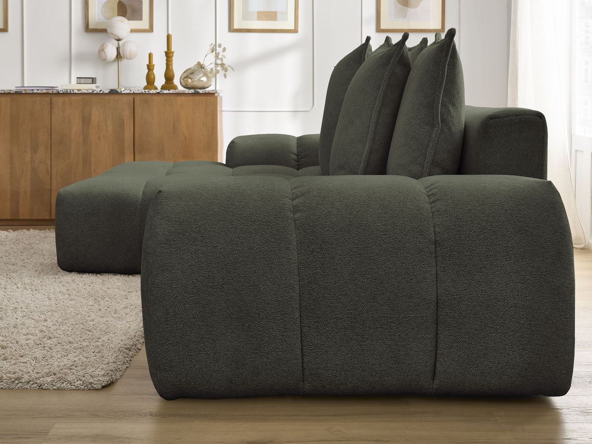 Bobochic Everest Ecksofa mit Schlaffunktion und Bettkasten 318 × 180 cm, 7 Kissen Melange-Stoff Grün Ecke links