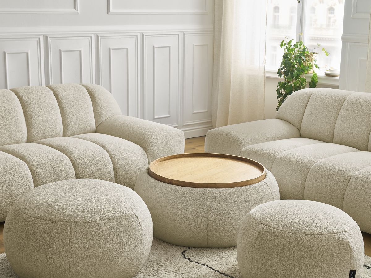 Bobochic Hayden Sofa 7-Sitzer mit Pouf Bouclé-Stoff Beige
