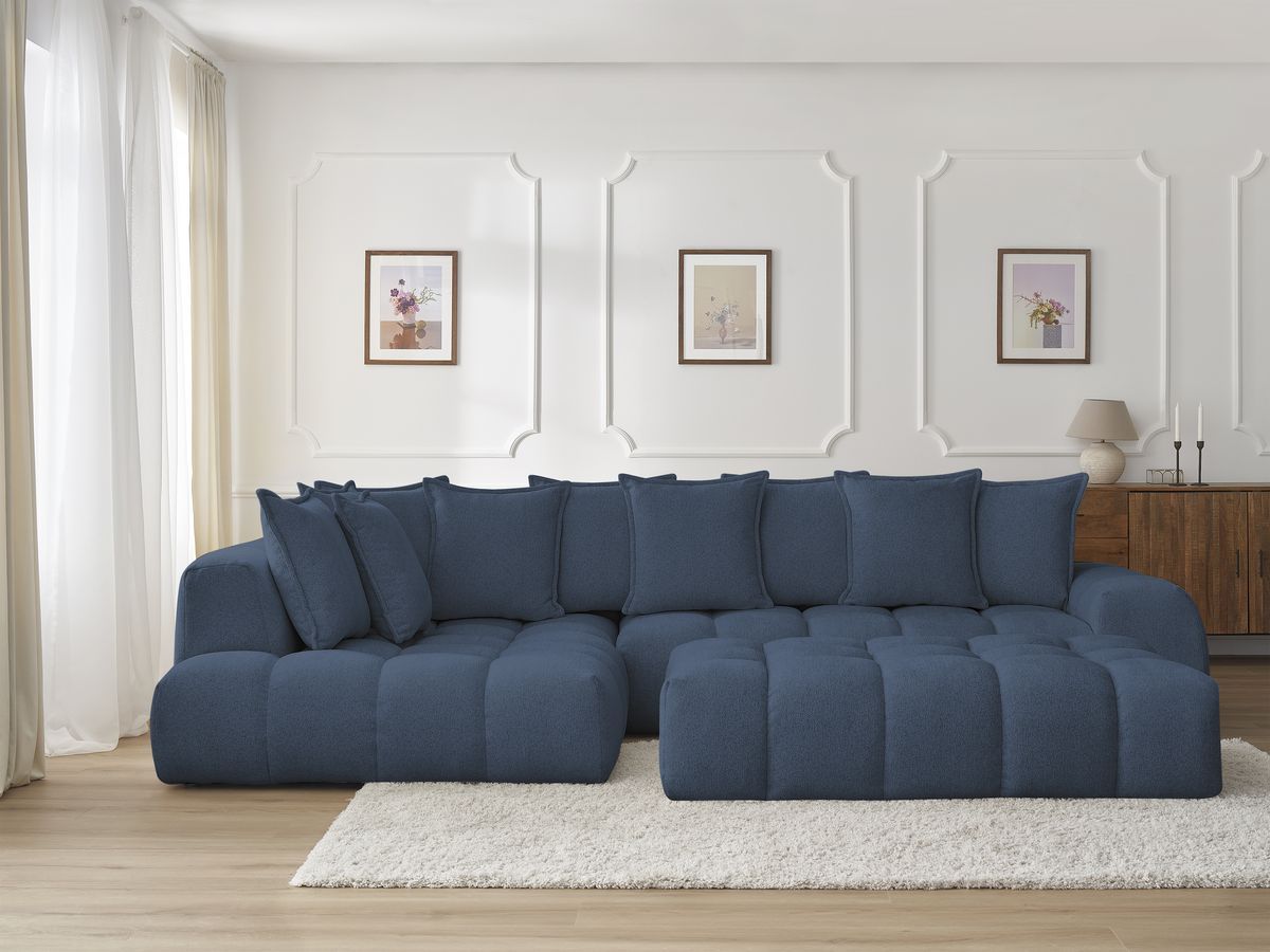 Bobochic Everest Ecksofa mit Schlaffunktion und Pouf, 10 Kissen Melange-Stoff Dunkelblau Ecke links