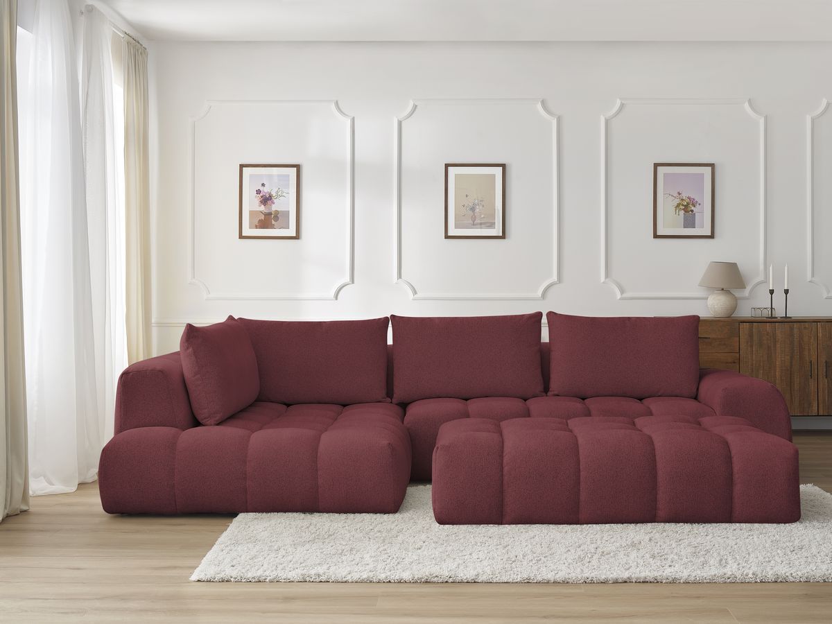 Bobochic Everest Ecksofa mit Schlaffunktion und Pouf, 4 Kissen Melange-Stoff Rot Ecke links