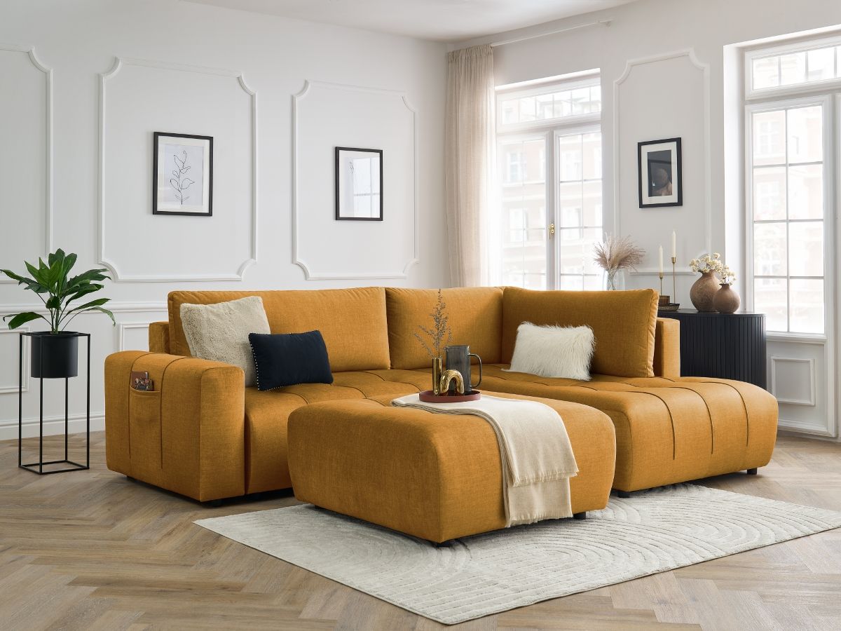 Bobochic Arsene Ecksofa mit Schlaffunktion und Bettkasten und Pouf 277 × 200 cm Samt Gelb Ecke rechts