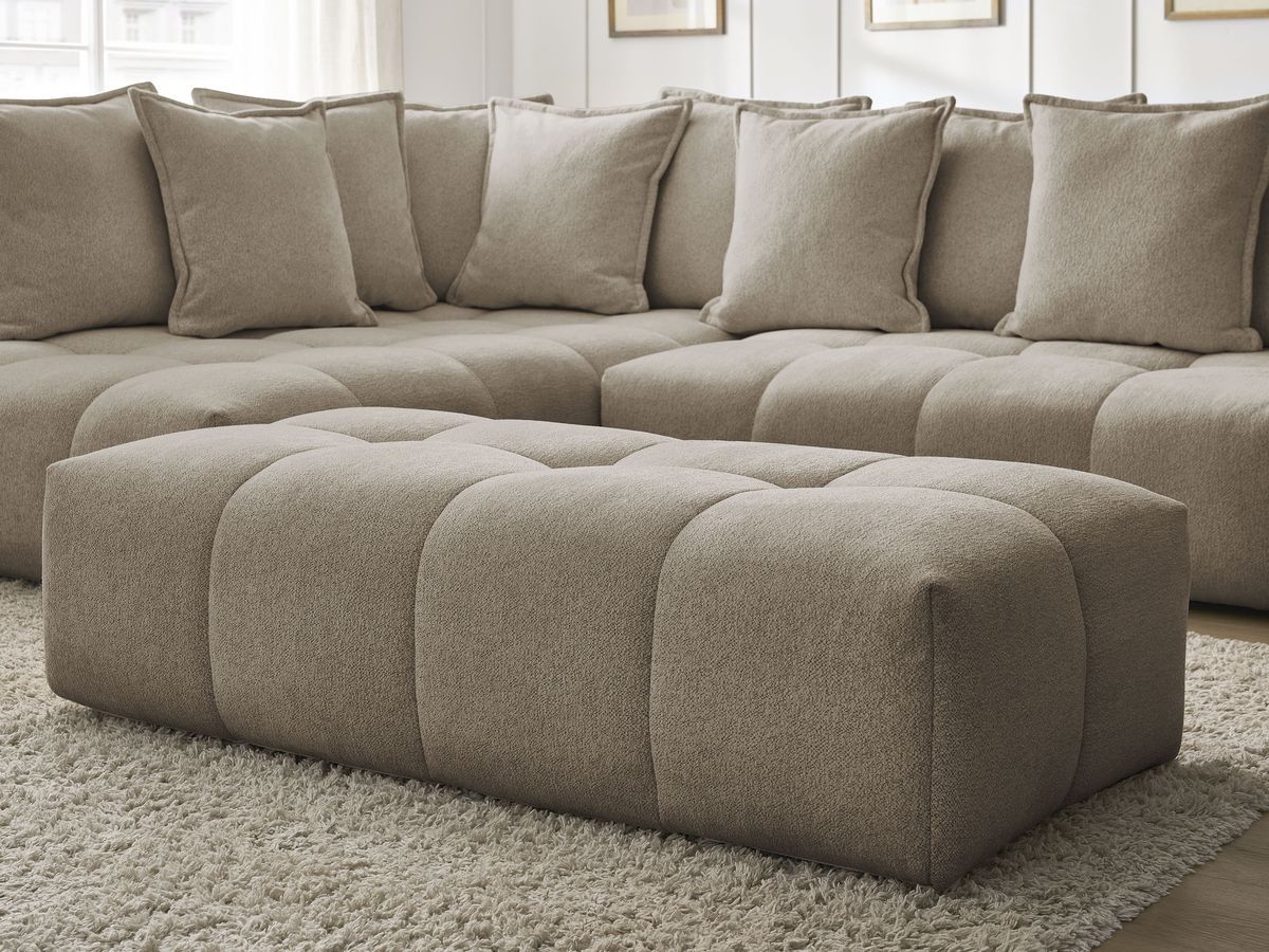 Bobochic Everest Ecksofa mit Schlaffunktion und Bettkasten und Pouf 320 × 212 cm, 10 Kissen Melange-Stoff Taupe Ecke links
