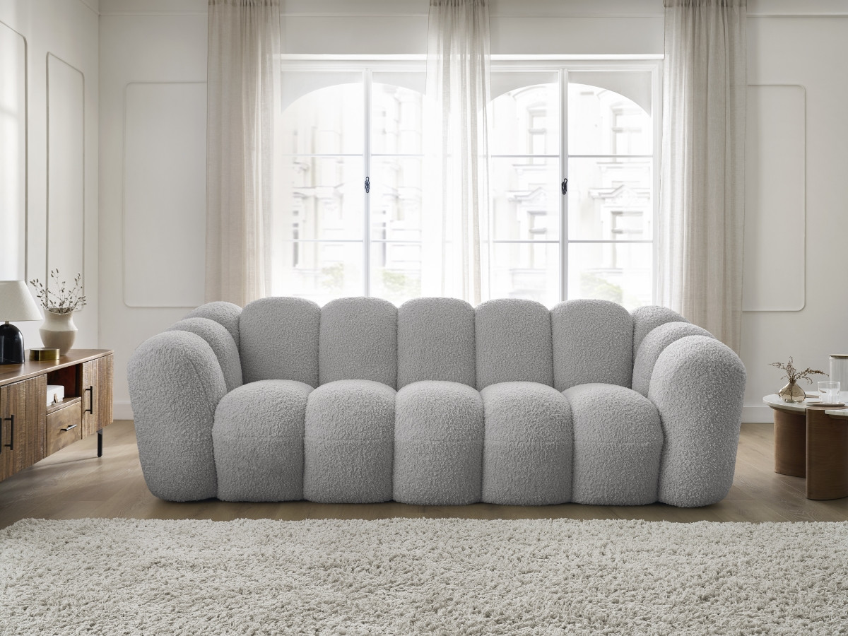 Bobochic Hippolyte Sofa 3-Sitzer Bouclé-Stoff Hellgrau