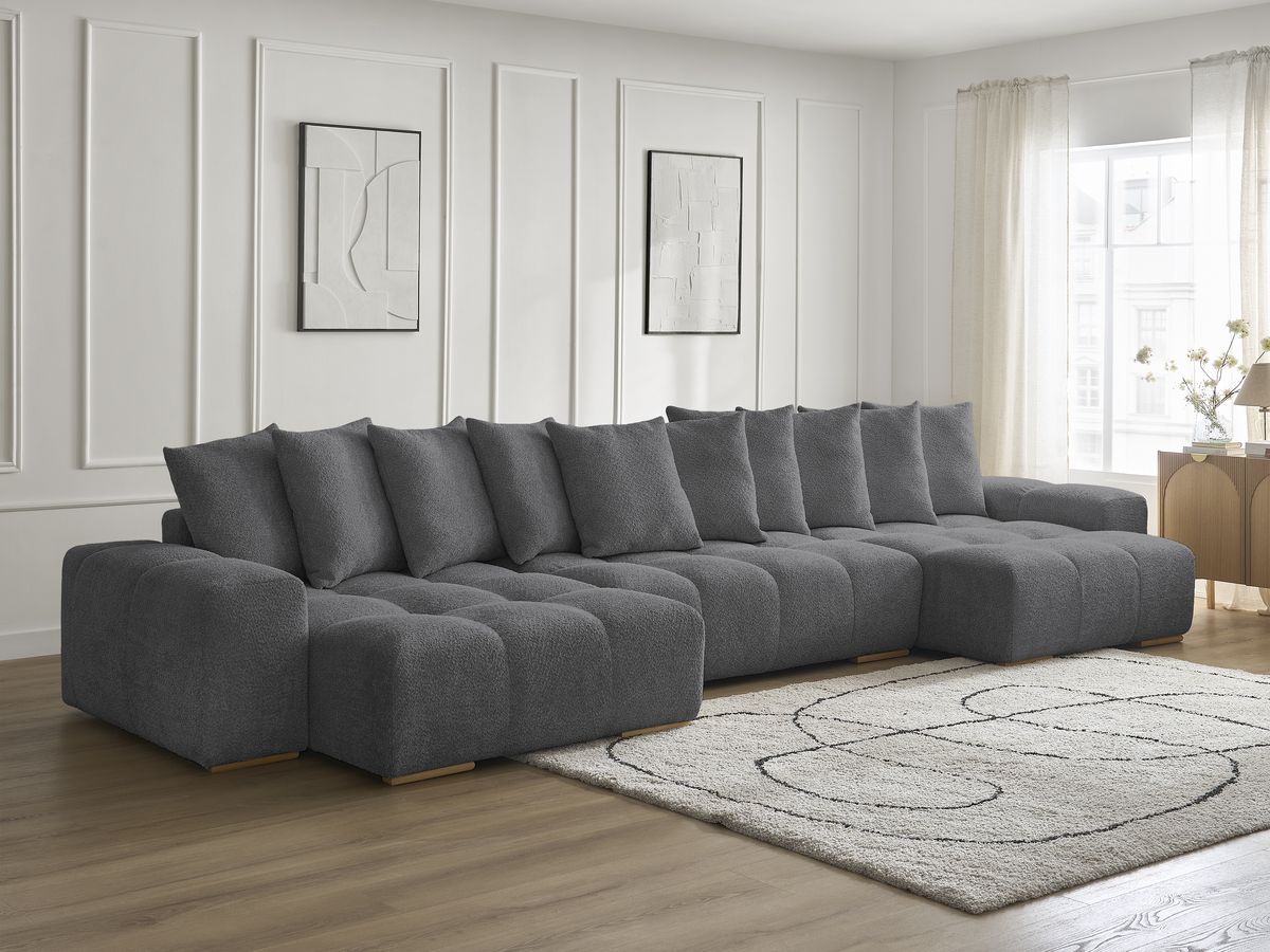 Bobochic Anakin Wohnlandschaft, Liegefläche 137 × 382 cm, 10 Kissen Bouclé-Stoff Dunkelgrau