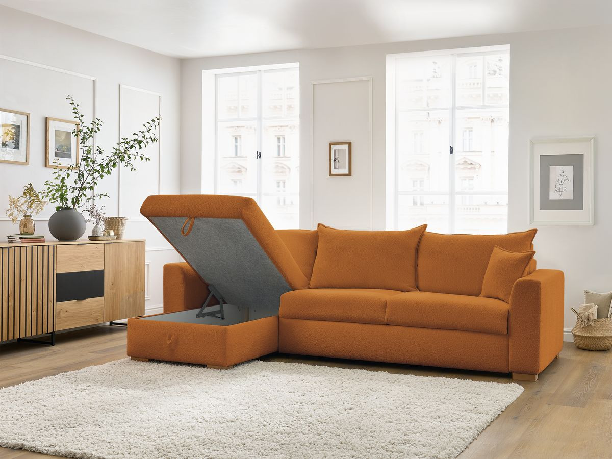 Bobochic Augustin Ecksofa mit Schlaffunktion und Bettkasten Bouclé-Stoff Gelb, Liegefläche 140 × 200 cm
