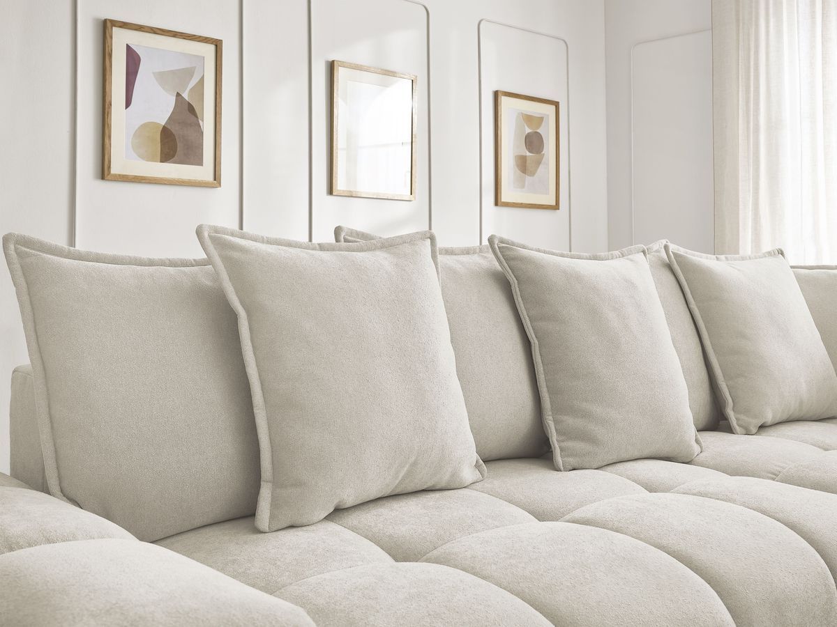 Bobochic Everest Ecksofa mit Schlaffunktion und Bettkasten 320 × 212 cm, 10 Kissen Strukturstoff Beige Ecke rechts