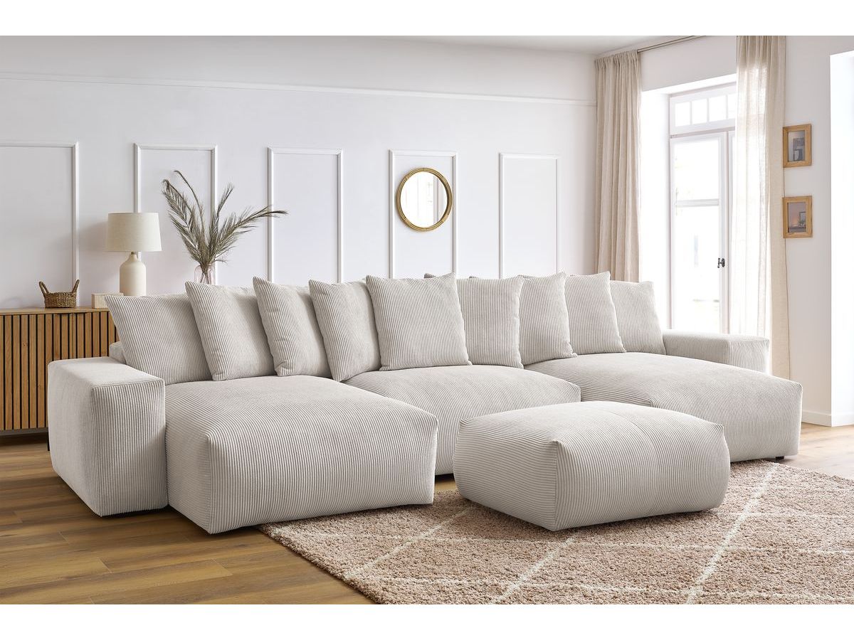 Bobochic Voltaire Wohnlandschaft mit Pouf 420 × 174 cm, Liegefläche 135 × 345 cm Cordsamt Beige