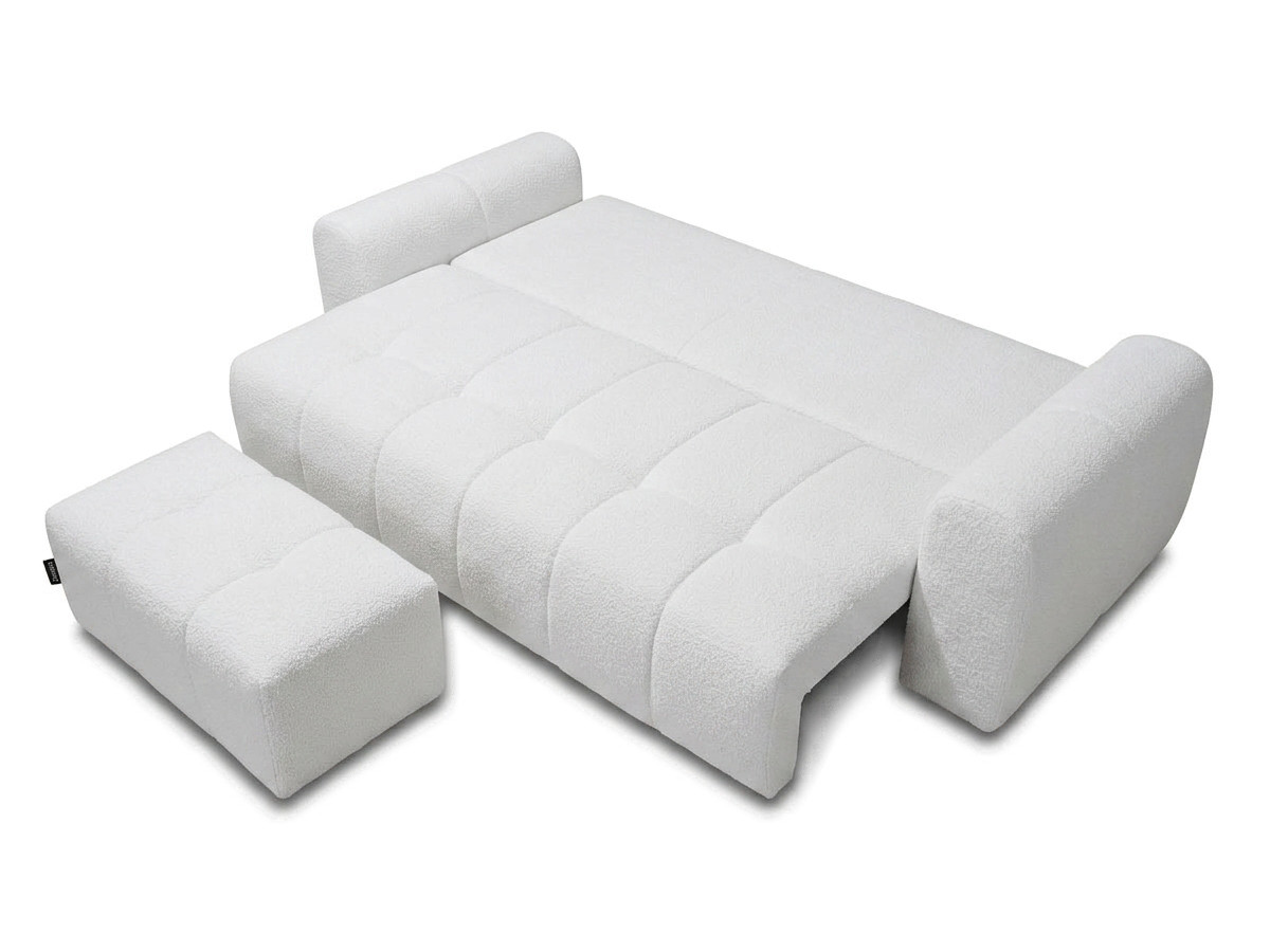 Bobochic Roxelane Schlafsofa 3-Sitzer mit Bettkasten und Pouf Bouclé-Stoff Weiß
