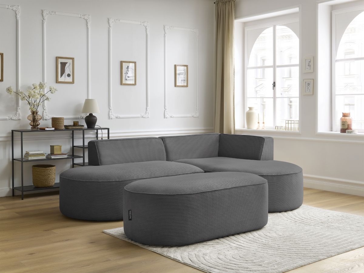 Bobochic Rousseau Ecksofa mit Pouf Cordsamt Dunkelgrau Ecke rechts