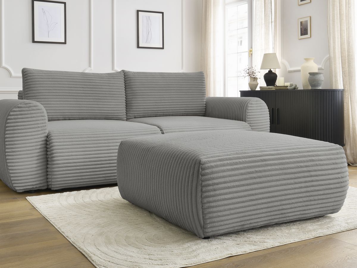 Bobochic Lucien Schlafsofa 4-Sitzer mit Bettkasten und Pouf Breitcord weich Dunkelgrau