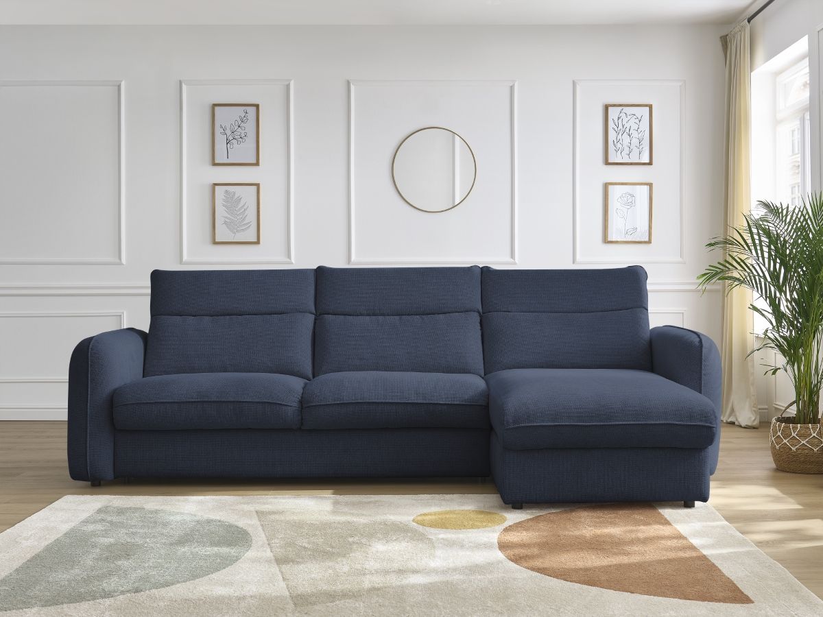 Bobochic Achille Ecksofa mit Schlaffunktion und Bettkasten Melange-Stoff Dunkelblau, Liegefläche 160 × 200 cm