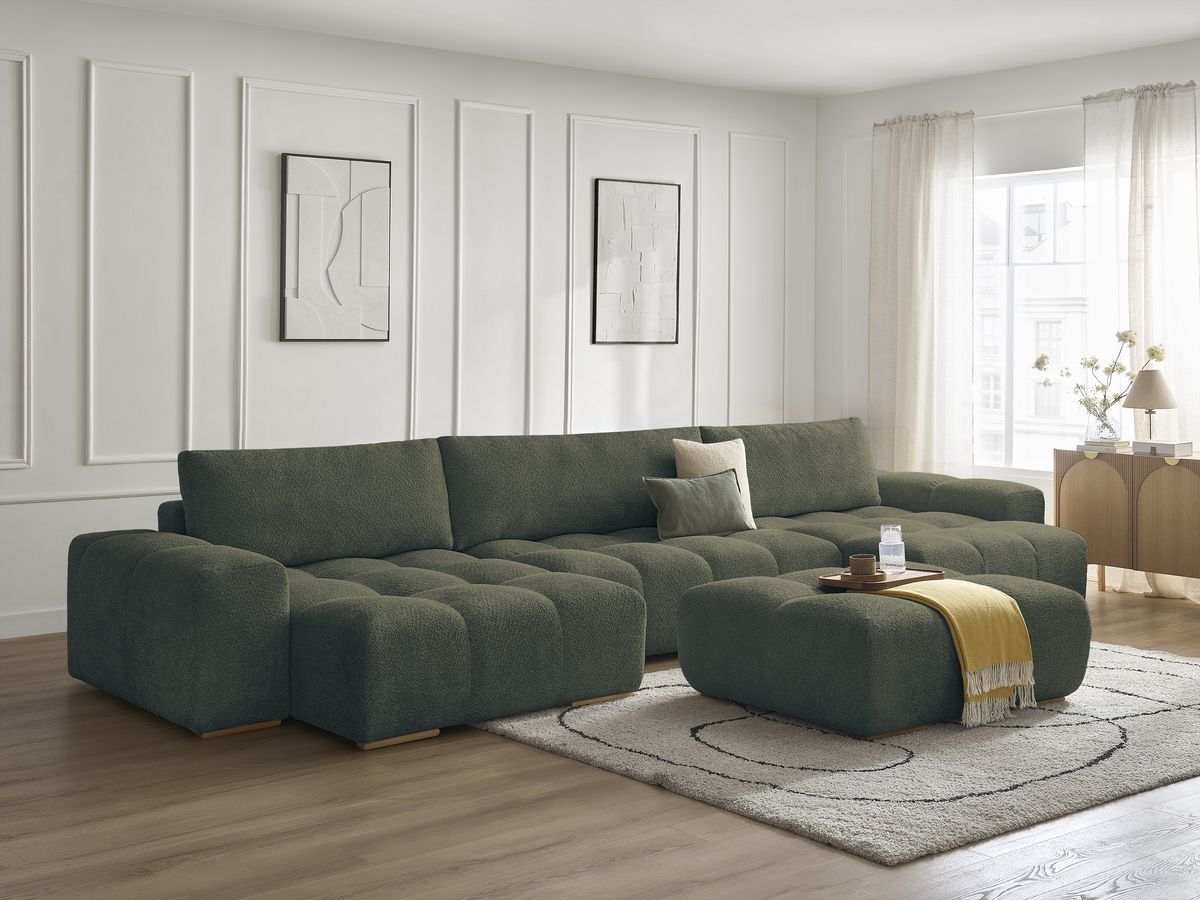 Bobochic Anakin Wohnlandschaft mit Pouf, Liegefläche 137 × 382 cm, 3 Kissen Bouclé-Stoff Grün